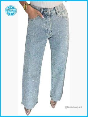 Straight Leg Rhinestone Denim Pants Y2K Boyfriend Style Sparkly Bling Jeans